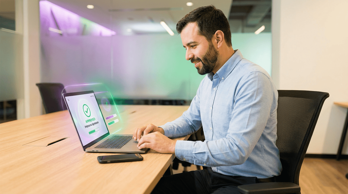 Empresario recibiendo aprobación de crédito digital