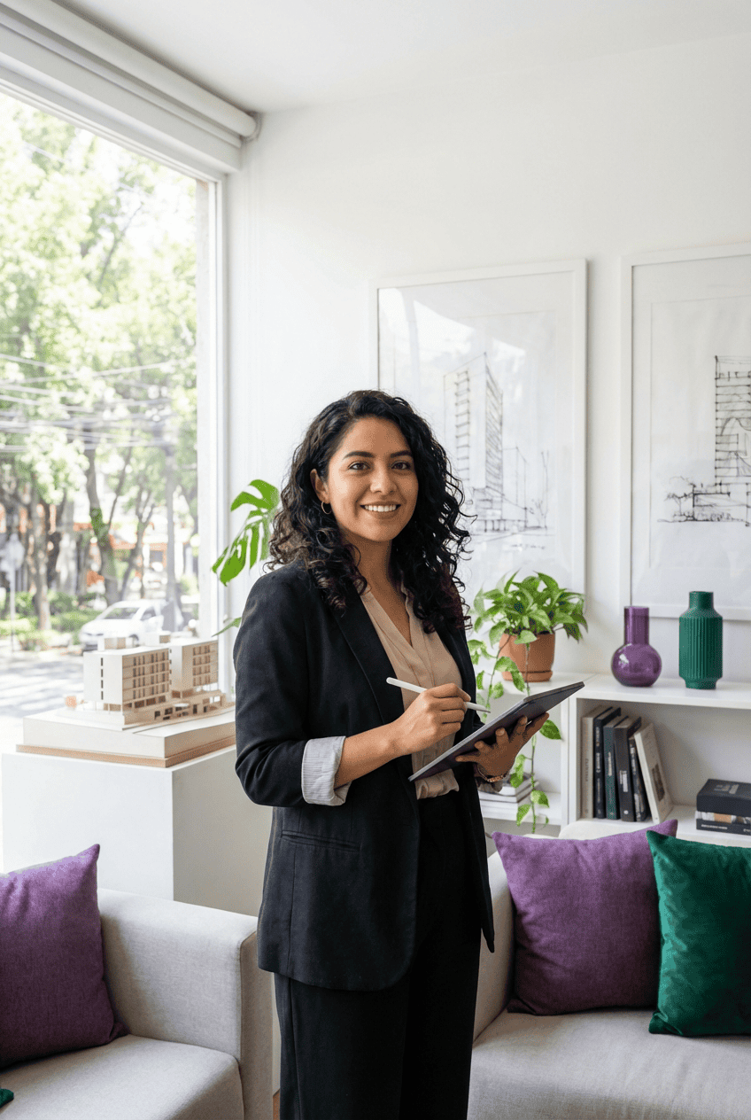 Arquitecta mexicana con tablet en despacho