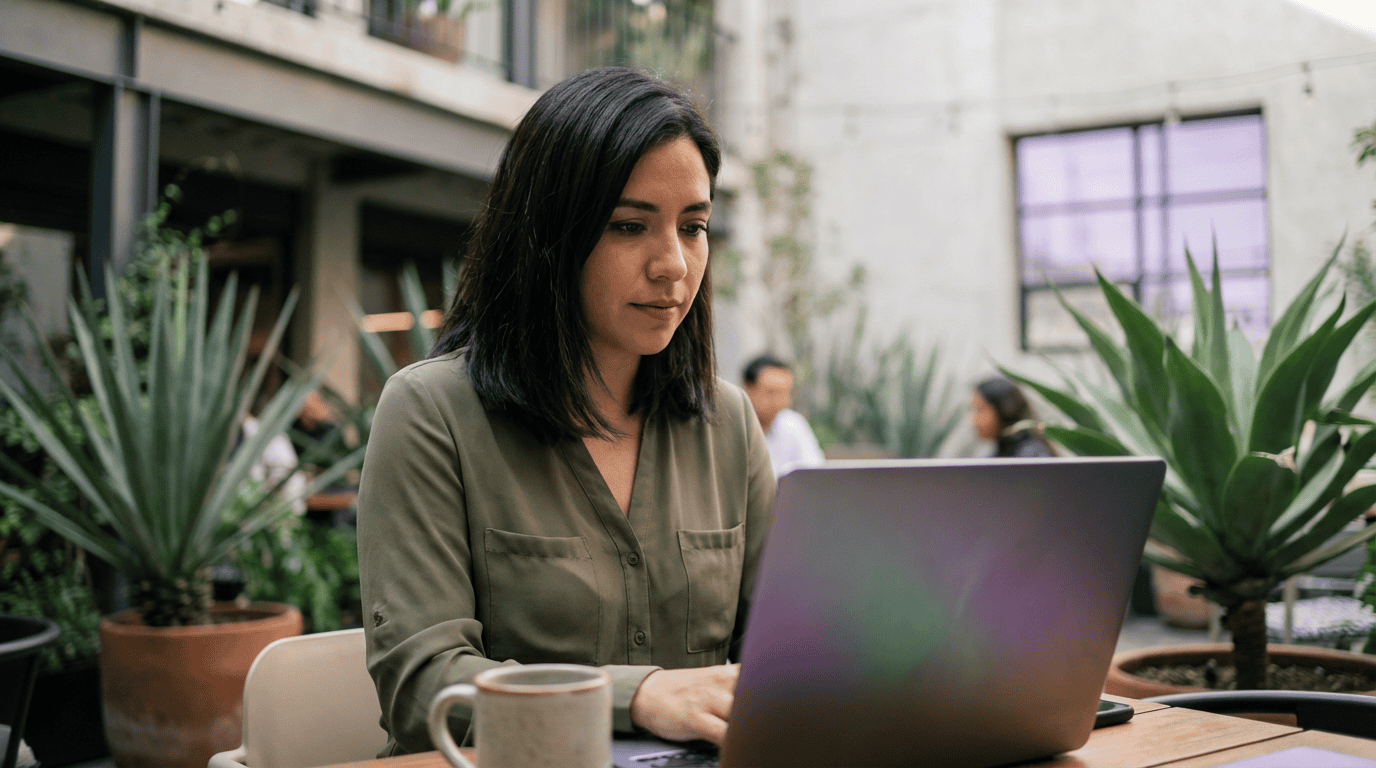 Emprendedora latina construyendo su negocio con cr&eacute;dito para emprendedores